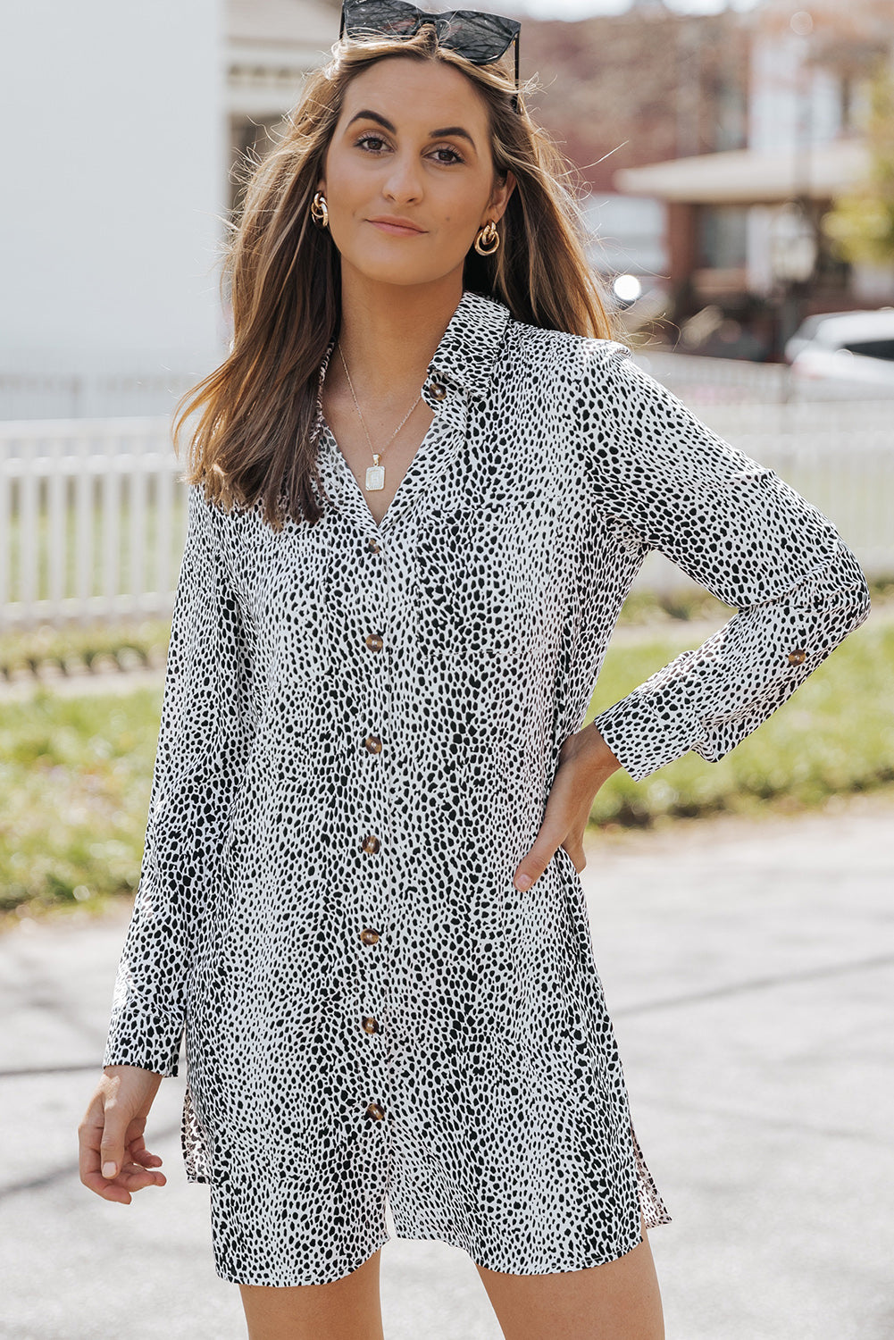 Long sleeve leopard print shirt dress hotsell