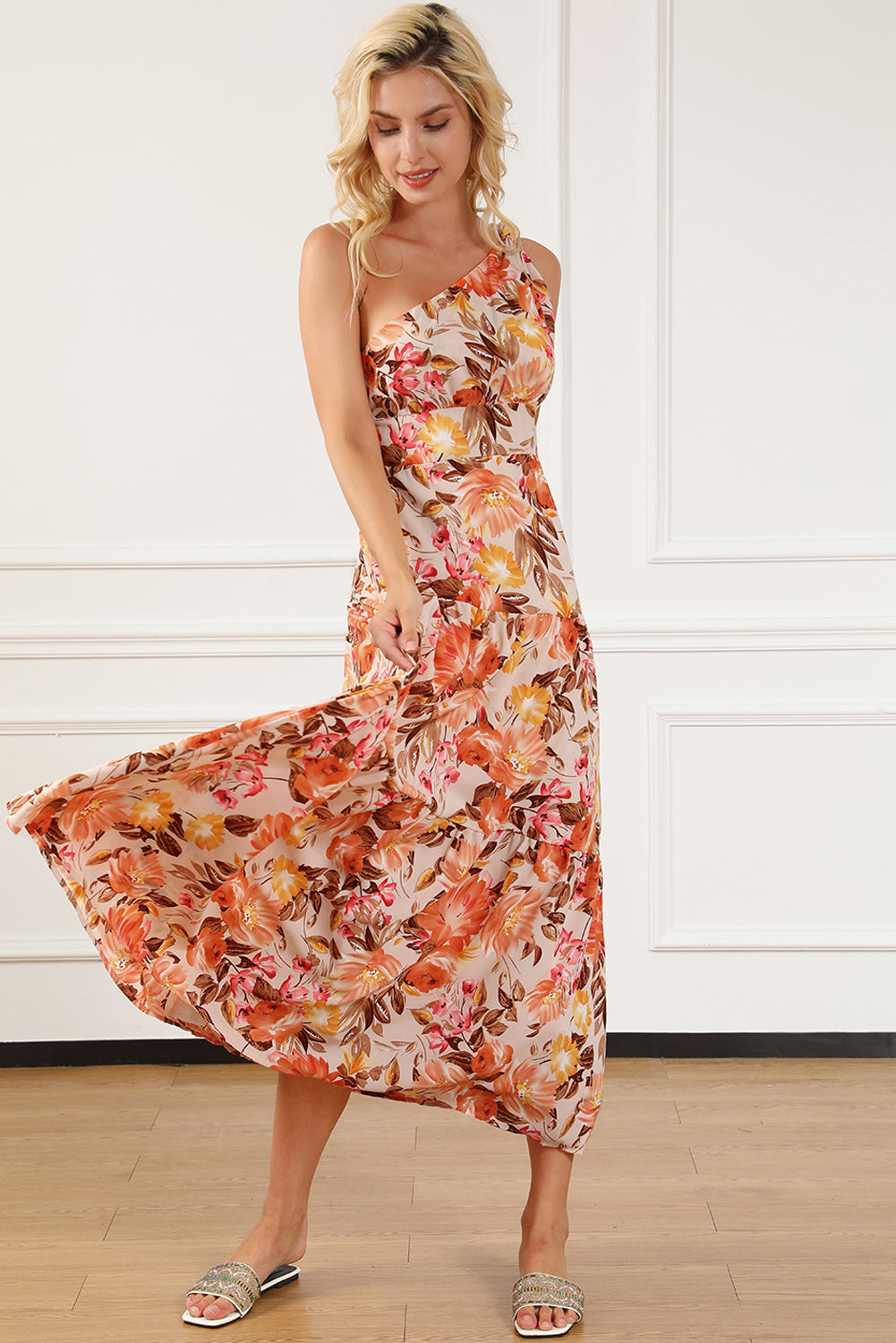 One Shoulder Orange Floral store Dress