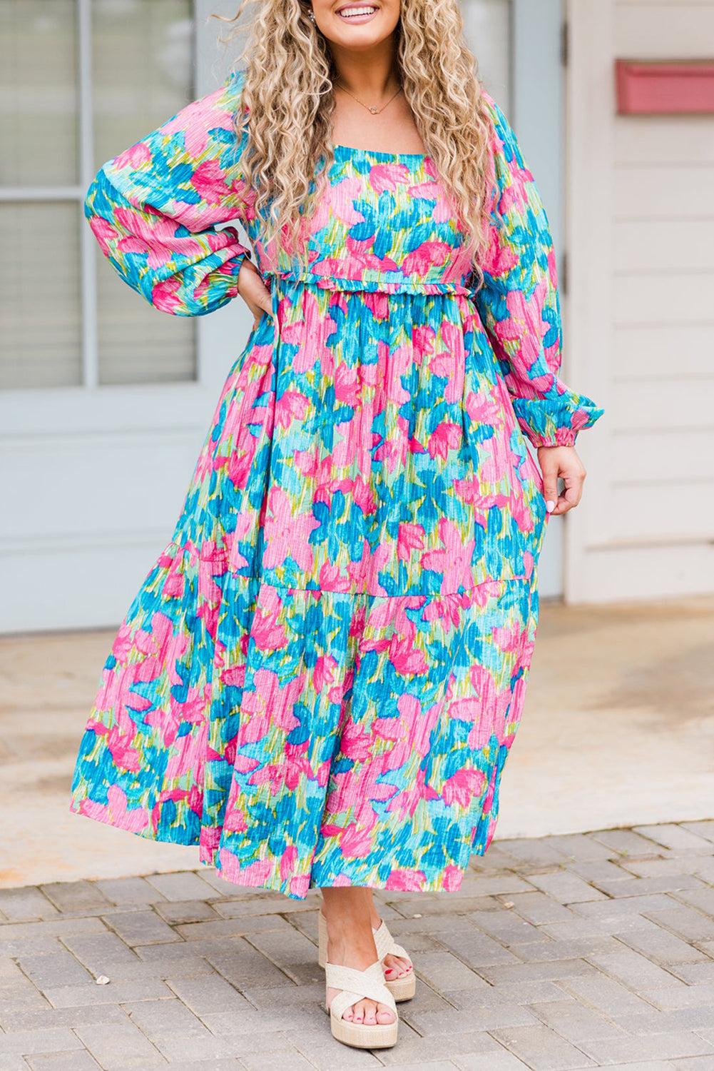 Sky Blue Floral Allover Print Shirred Square Neck Plus Size Maxi Dress The Perfect Touch SA