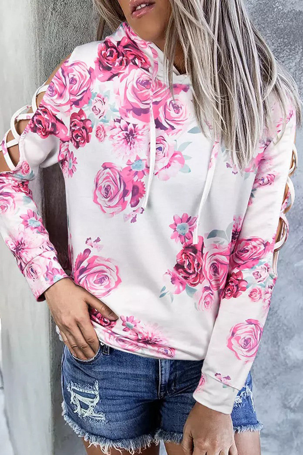 White Floral Print Criss Cross Cold Shoulder Hoodie