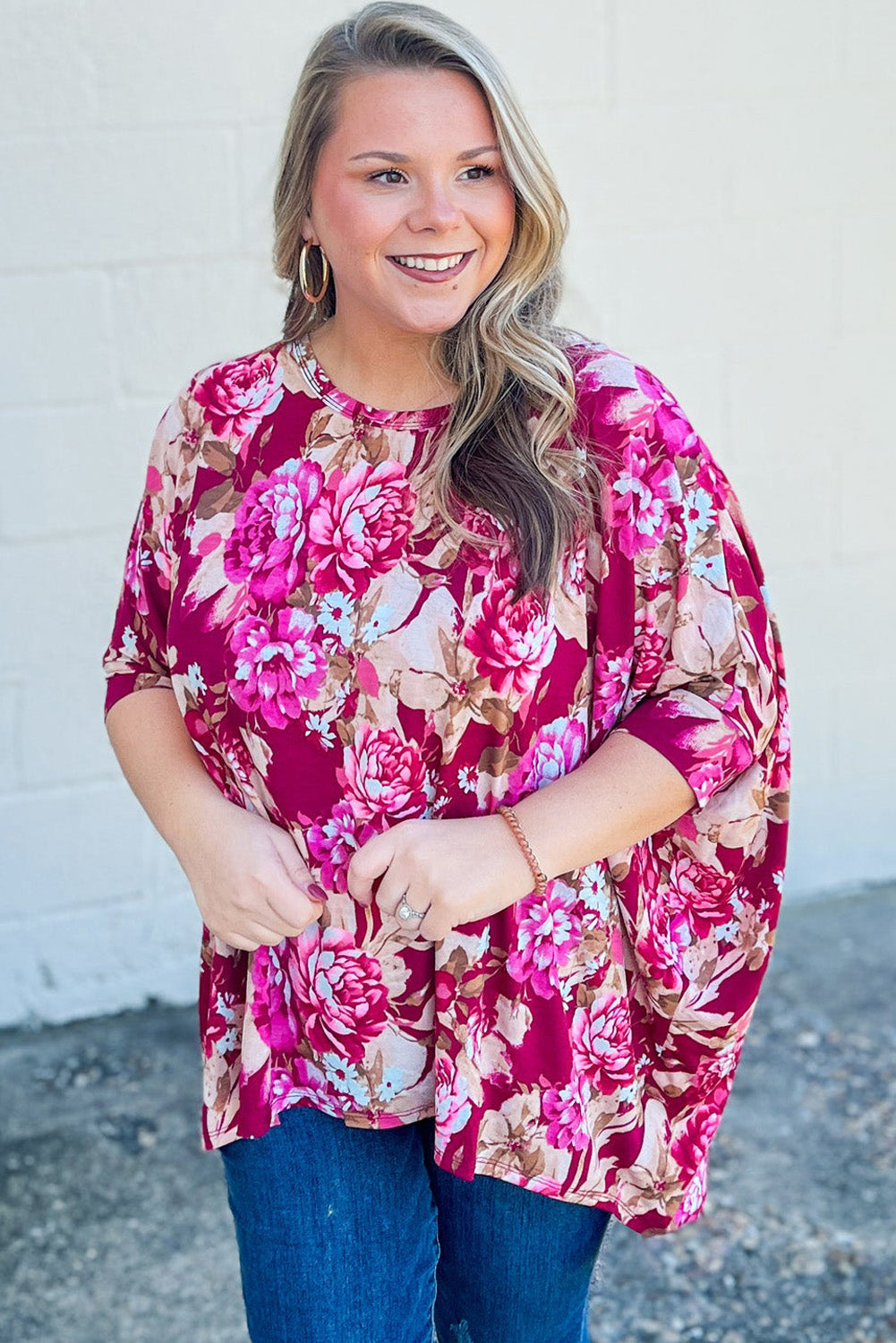 Red Floral Print Short Sleeve Plus Size Blouse