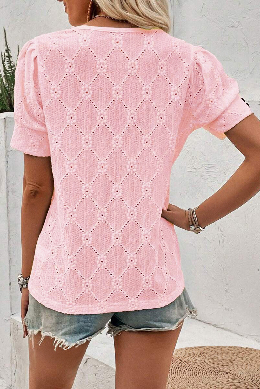 Pink Flower Geometric Textured Button Short Sleeve Top