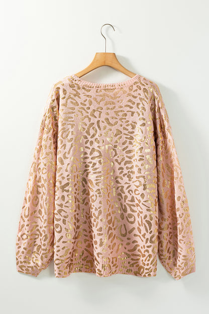 Apricot Glitter Leopard Print Puff Sleeve Sweater