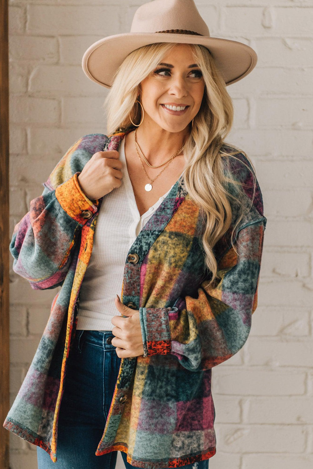 Multicolor Brushed Checked Western Buttoned Jacket - The Perfect Touch SA