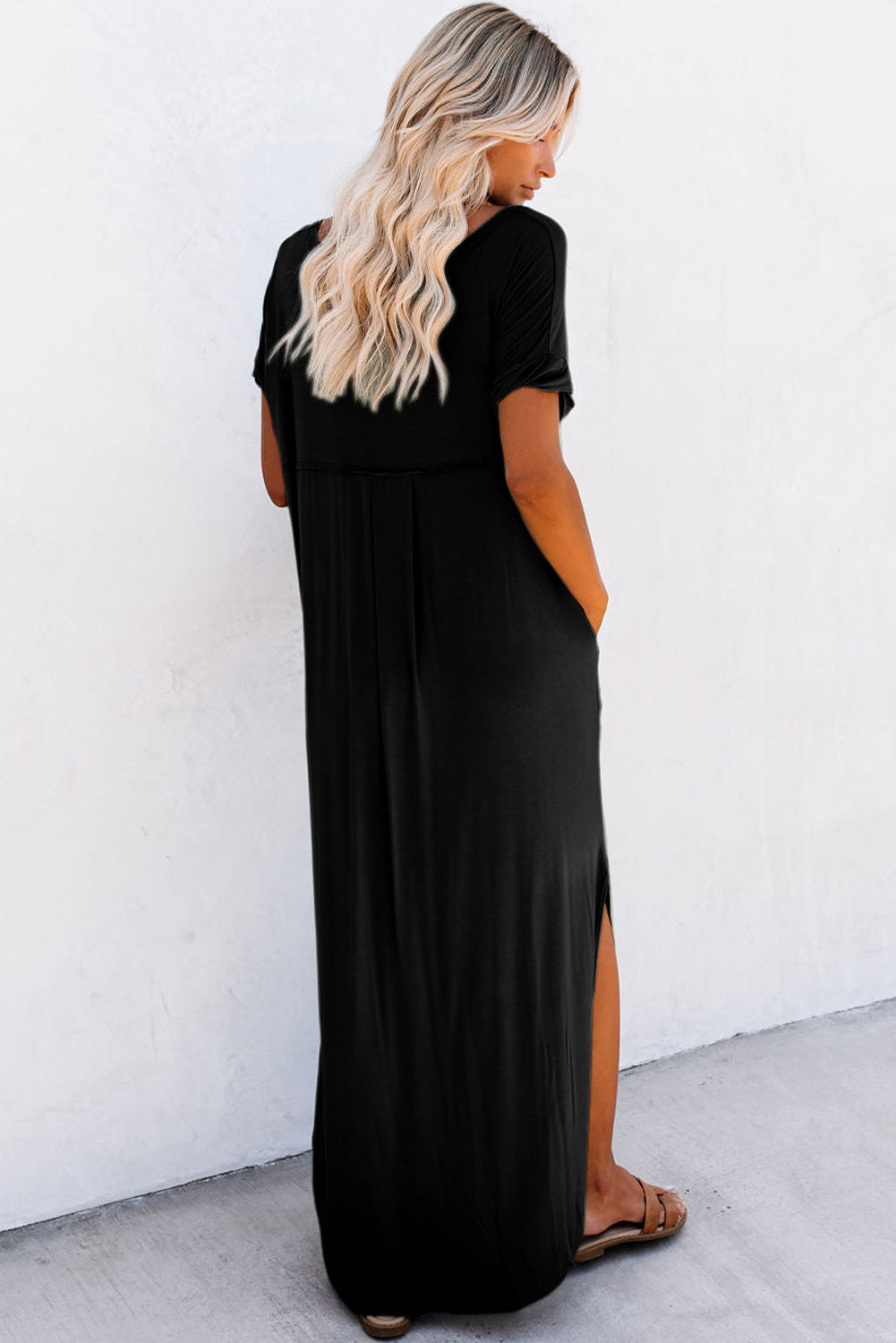 V Neck Hidden Pocket Splits Maxi T-shirt Dress