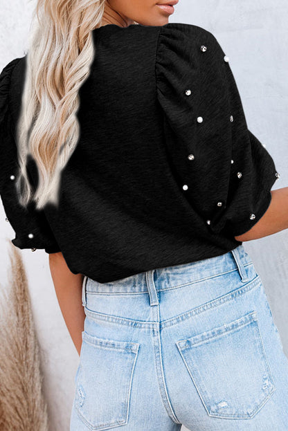 Black Rhinestone Pearl Puff Half Sleeve Top