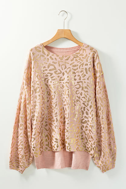 Apricot Glitter Leopard Print Puff Sleeve Sweater