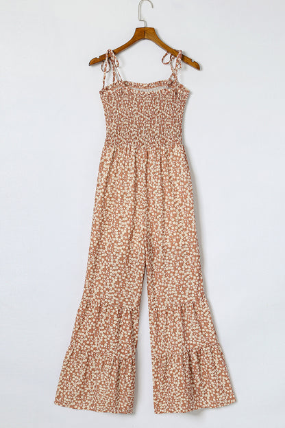 Thin Straps Smocked Bodice Wide Leg Floral Jumpsuit