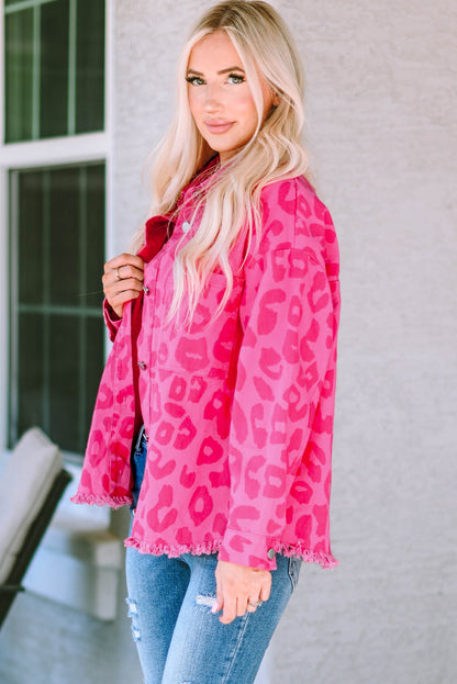 Pink Leopard Print Button Cuffs Raw Hem Jacket