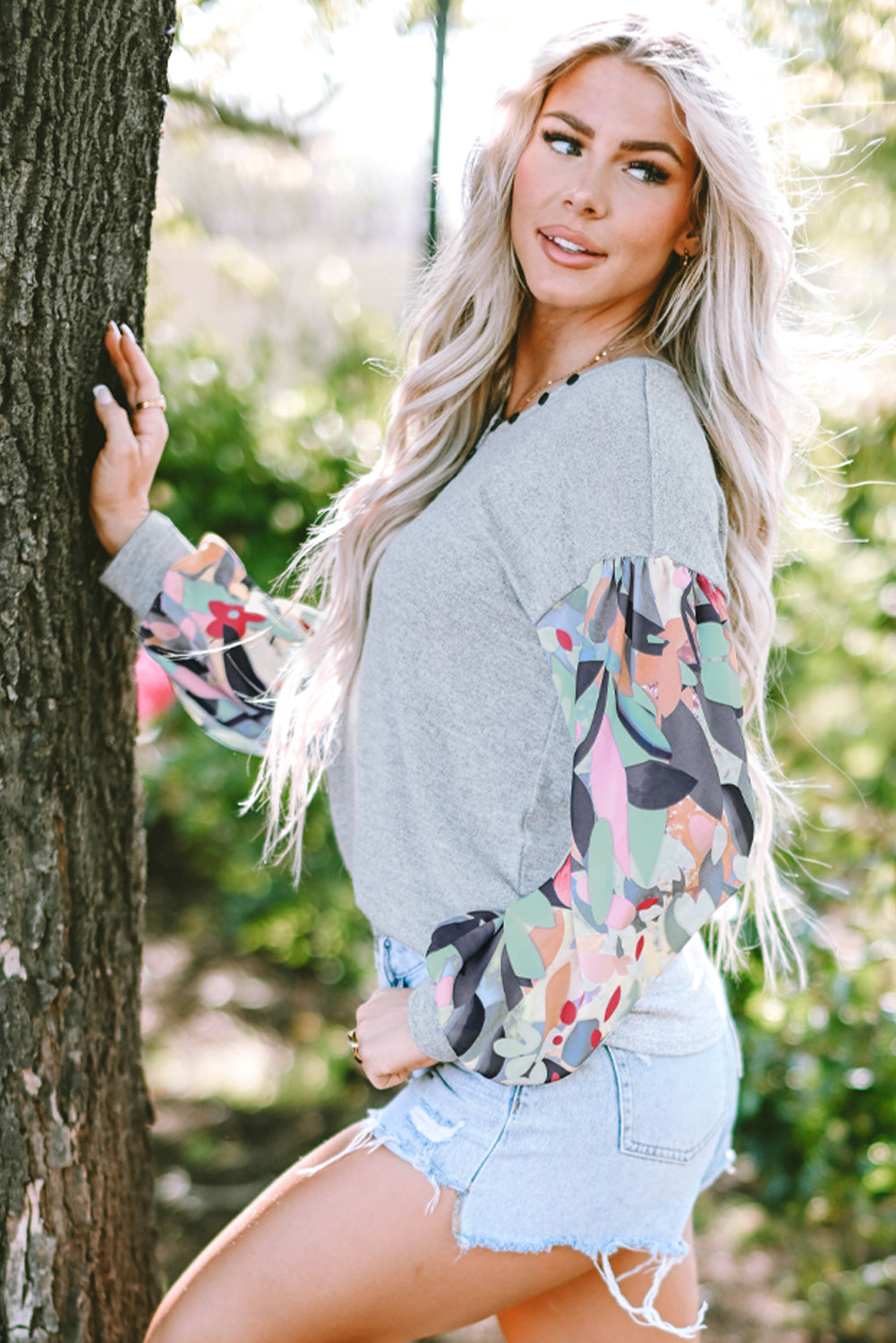 Grey Floral Lantern Sleeve Patchwork Buttoned V Neck Top