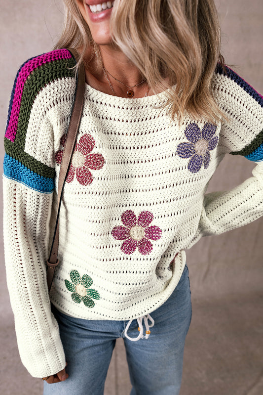 White Daisy Flower Pointelle Knit Sweater