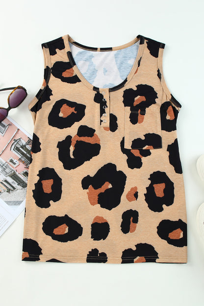 Leopard Button Neck Chest Pocket Tank Top