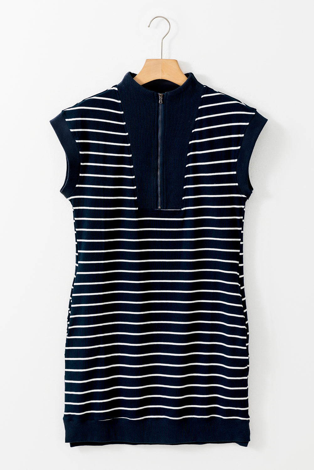 Navy Blue Quarter Zip Collared Cap Sleeve Mini Dress