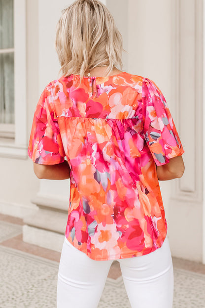 Fiery Red Floral Print Wide Sleeve Blouse