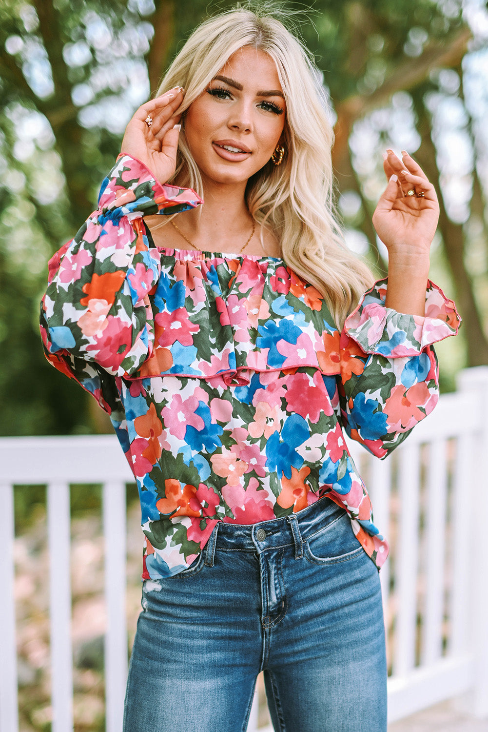 Floral off clearance shoulder top outfit