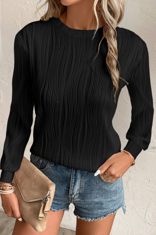 Textured Wavy Round Neck Long Sleeve Top