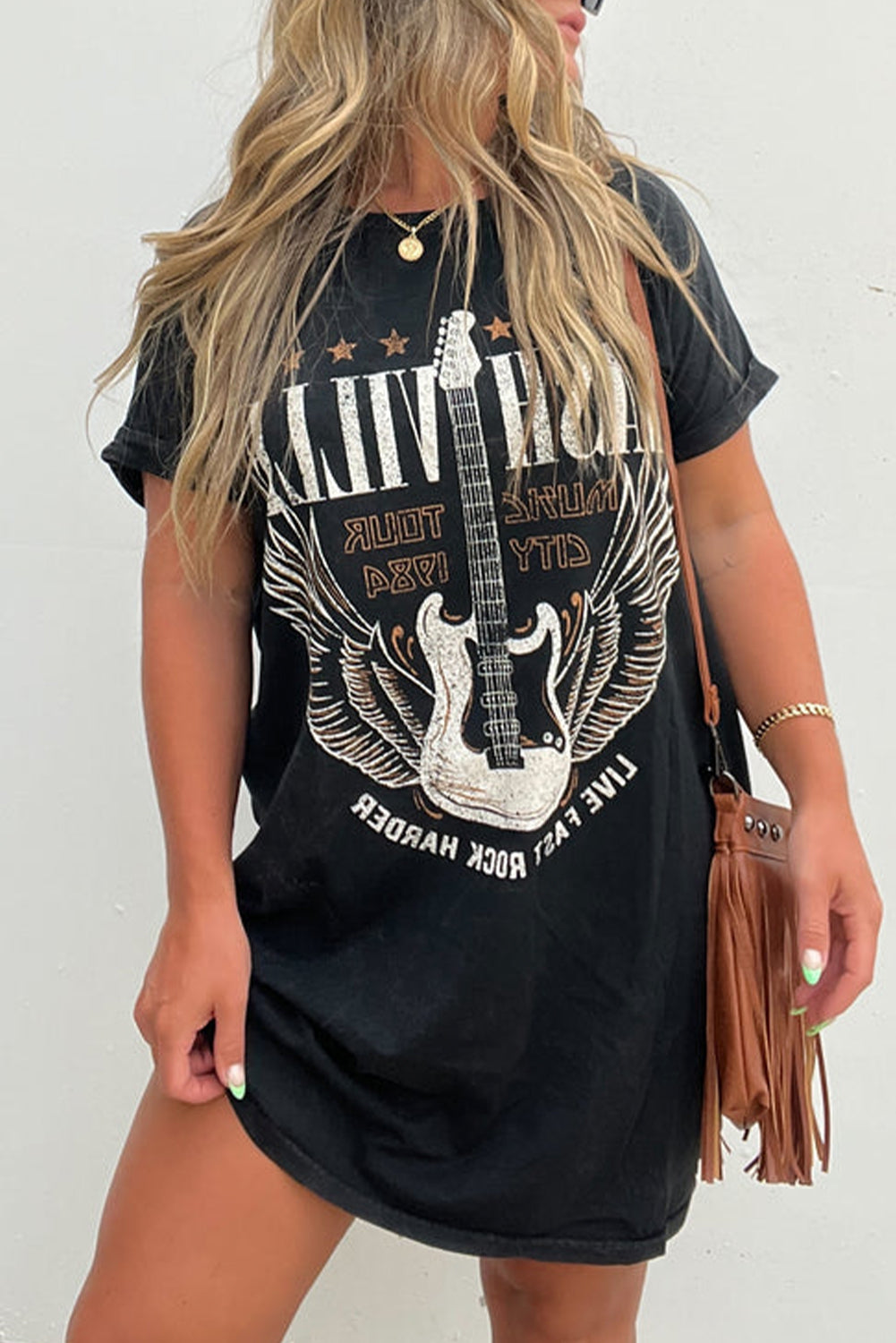 Black Nashville Guitar Print Crew Neck T Shirt Mini Dress