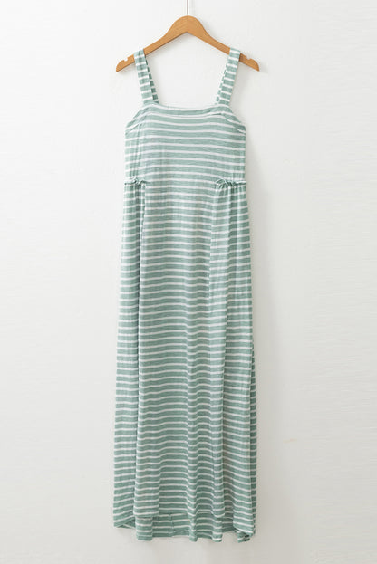 Green Stripe Shirred Frilled High Waist Sleeveless Loose Fit Maxi Dress