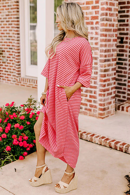 Strawberry Pink Striped 3/4 Sleeve Round Hem Shift T Shirt Dress