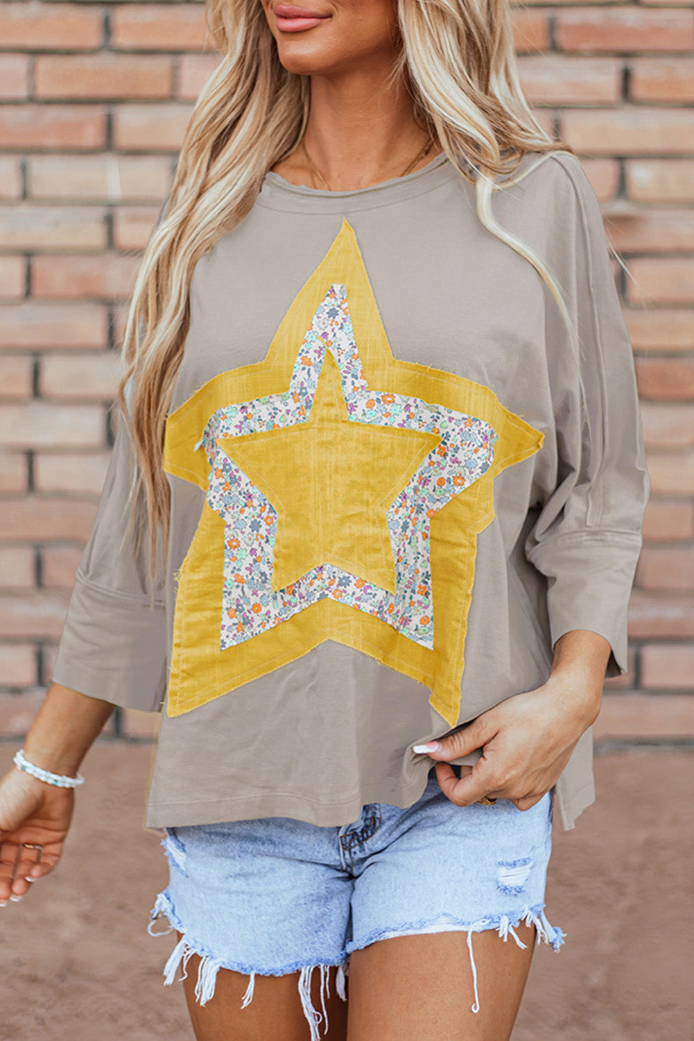 Rose Tan Floral Starbust Exposed Seam Mineral Wash Top