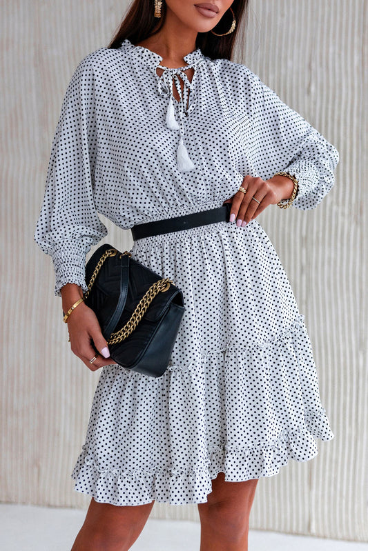 White Polka Dot Fringed Tie V-neck Ruffle Dress