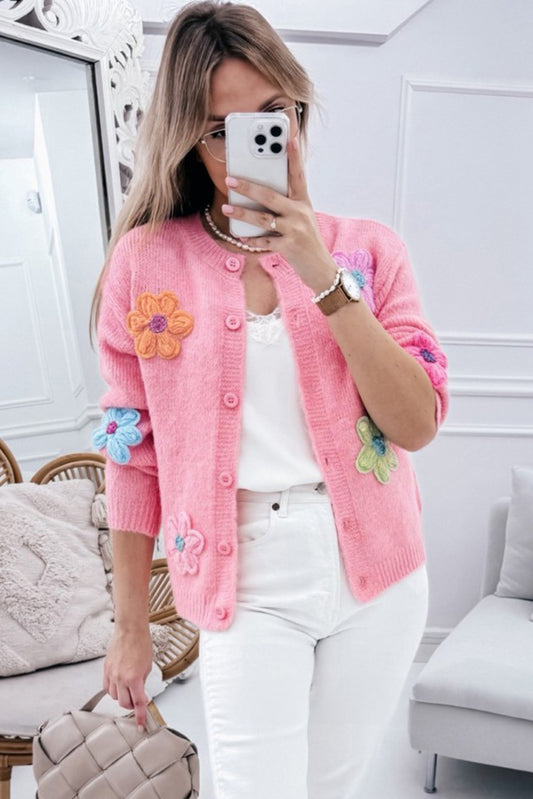 Pink Cute Knitted Floral Pattern Button Up Cardigan