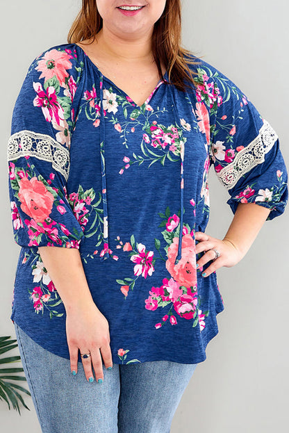 Blue Plus Size Lace Patch 3/4 Sleeve Split Neck Floral Top