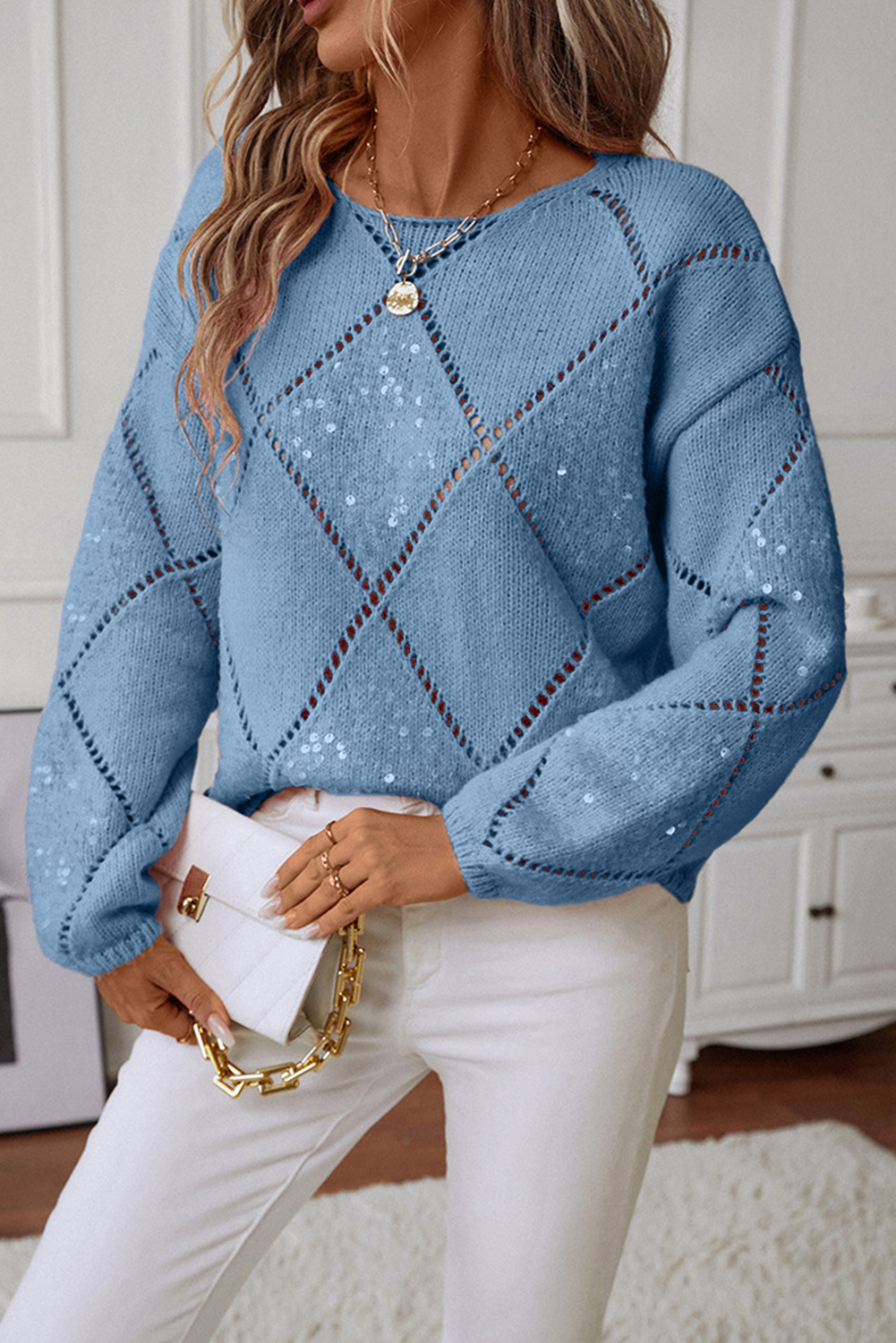 Dusk Blue Hollowed Rhombus Pattern Sequin Detail Round Neck Sweater