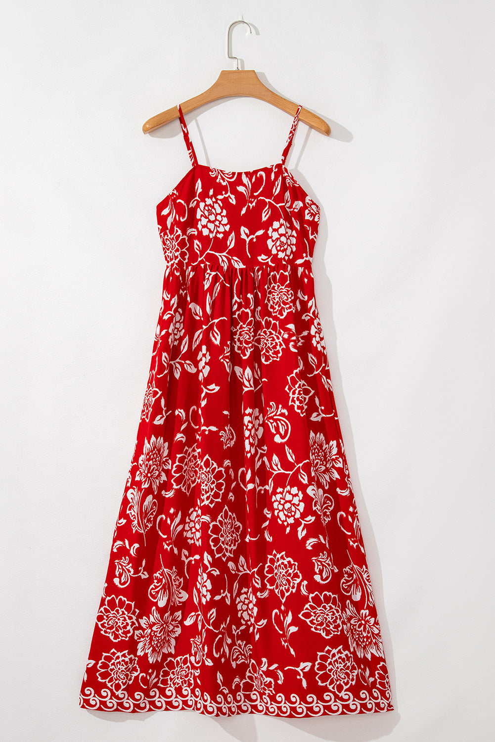 Red Floral Printed Spaghetti Strap Empire Waist Maxi Dress