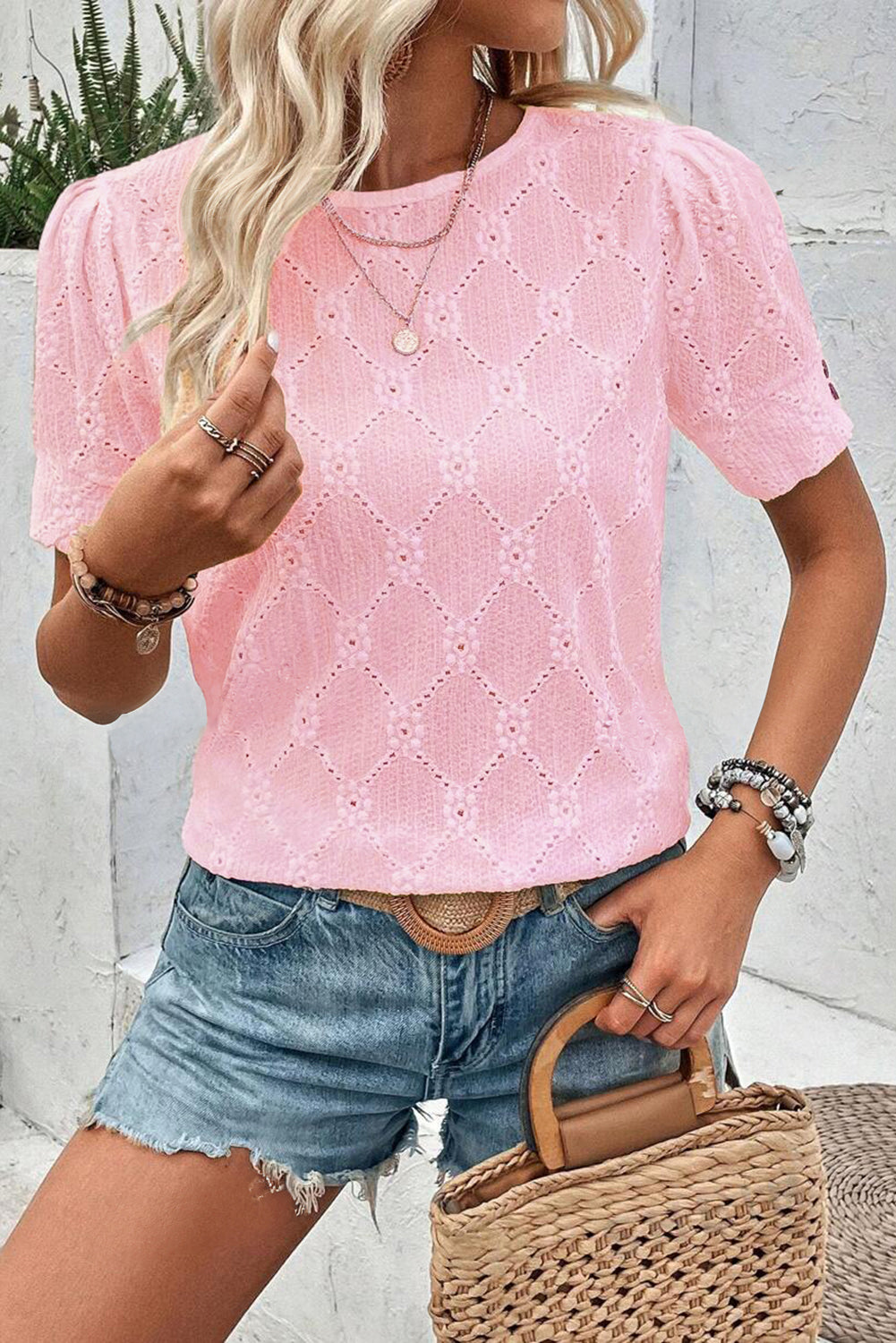 Pink Flower Geometric Textured Button Short Sleeve Top