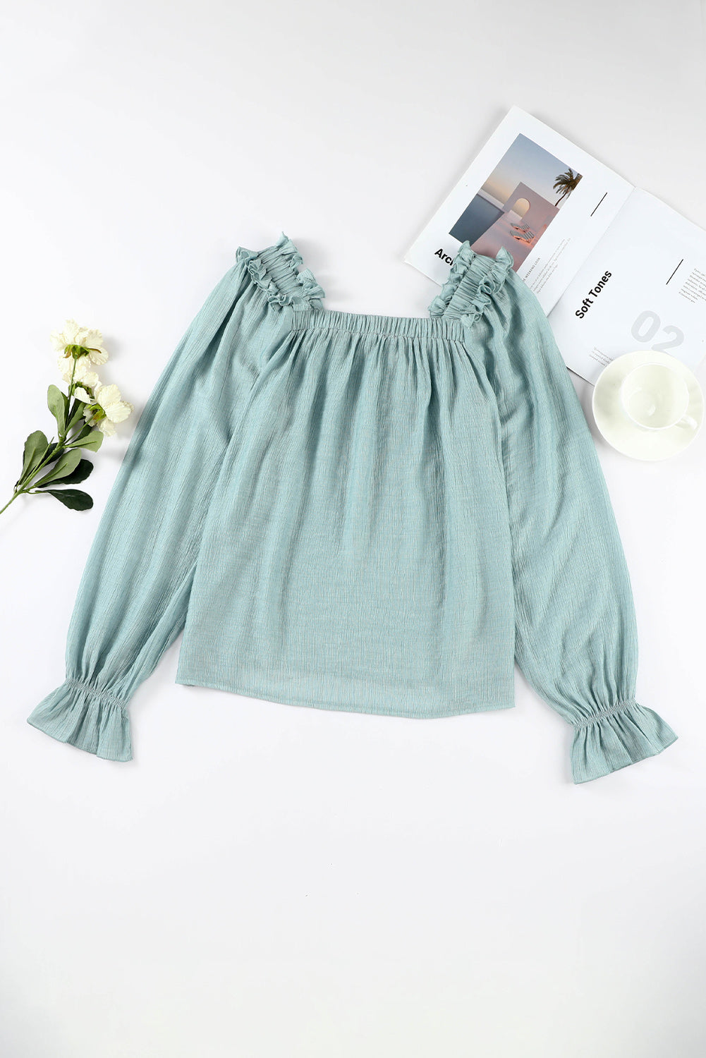 Ruffled Square Neck Cuffs Long Sleeve Blouse
