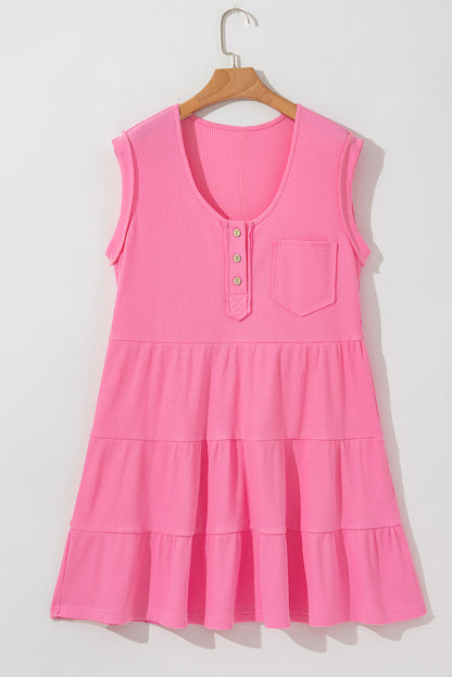 Bright Pink Waffle Textured Button Round Neck A-line Tiered Sleeveless Dress