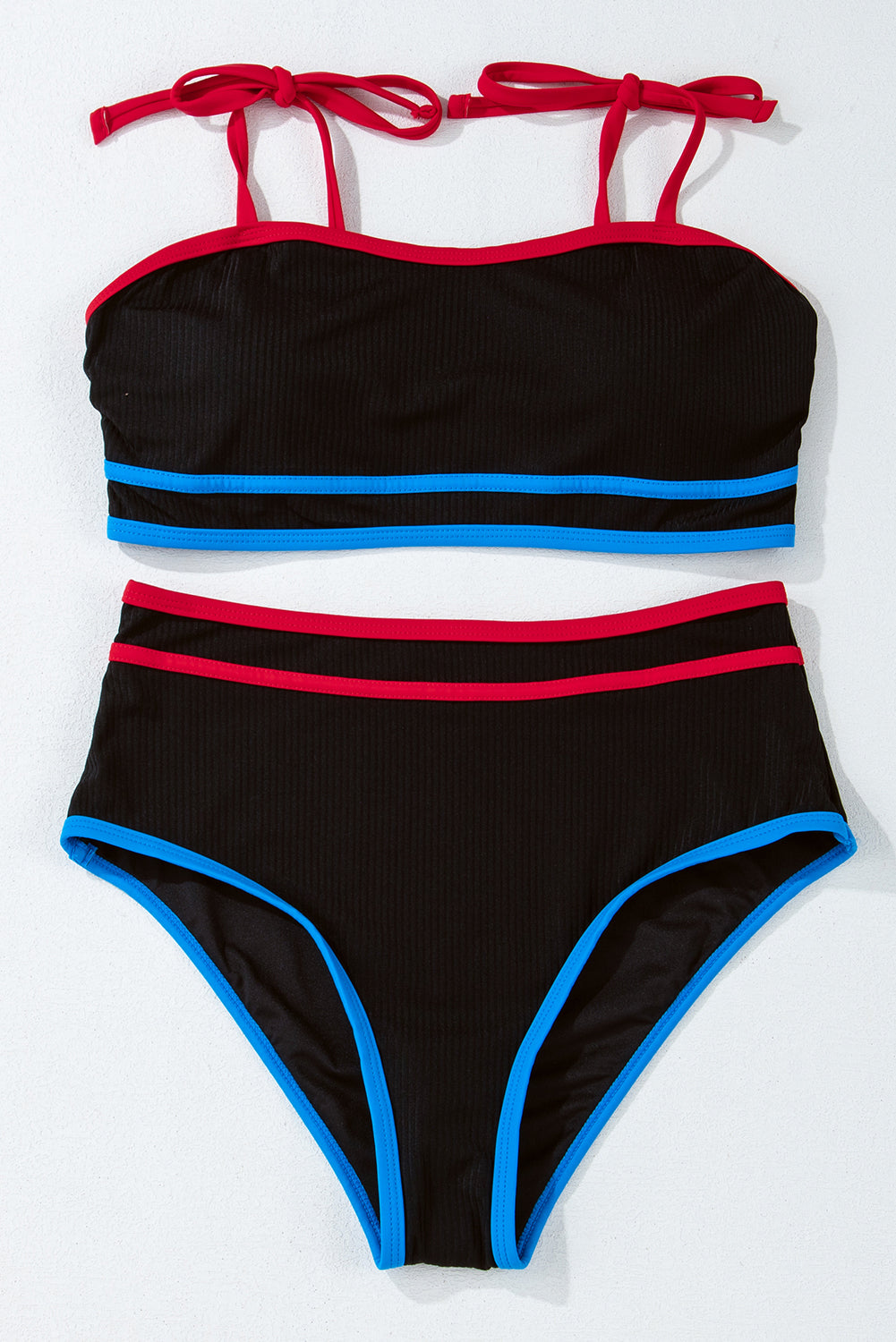 Black Triple Color Trimmed High Waist Bikini Set