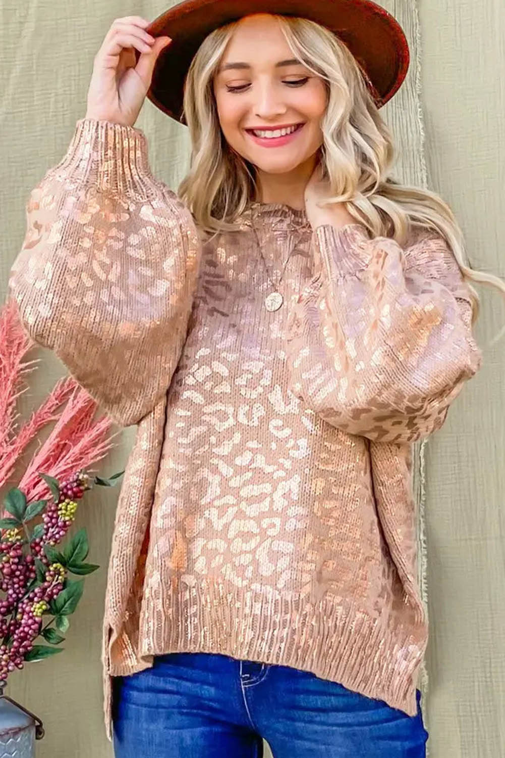 Apricot Glitter Leopard Print Puff Sleeve Sweater