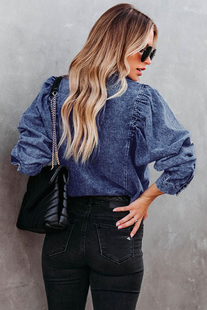 Puff Sleeve Button-Up Denim Jacket