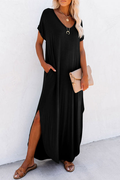 V Neck Hidden Pocket Splits Maxi T-shirt Dress