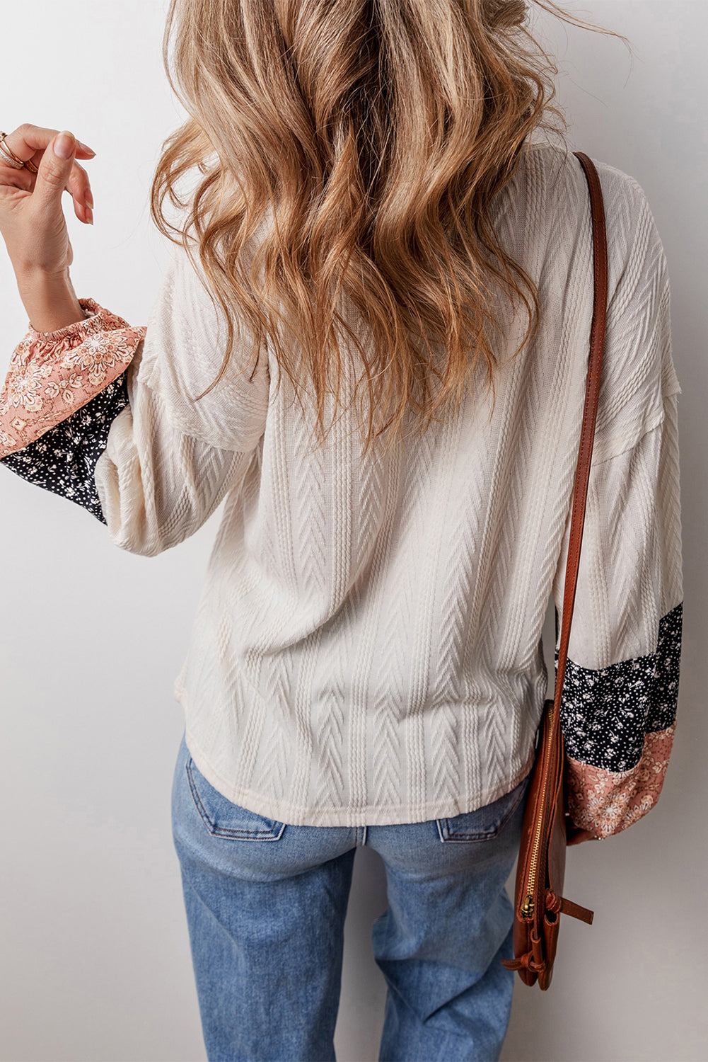 Floral Patchwork Textured Knit Drawstring V Neck Blouse