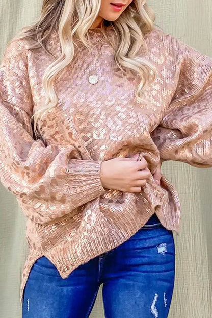 Apricot Glitter Leopard Print Puff Sleeve Sweater