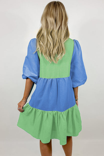 Dark Blue Colorblock Frilled V Neck Puff Half Sleeve Shift Dress