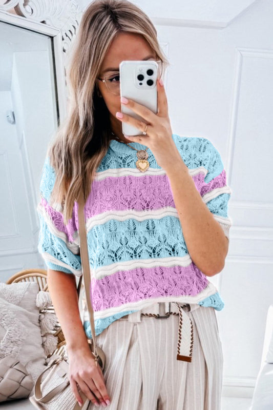 Purple Stripe Color Block Hollow Out Crochet Half Sleeve Sweater
