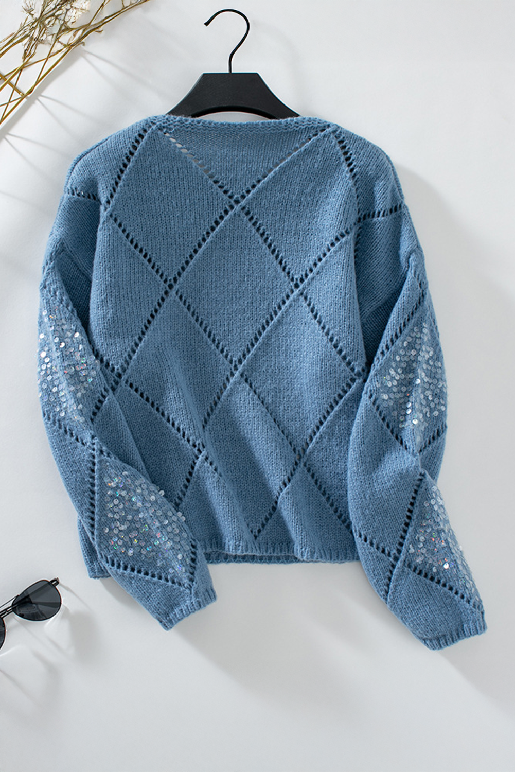 Dusk Blue Hollowed Rhombus Pattern Sequin Detail Round Neck Sweater