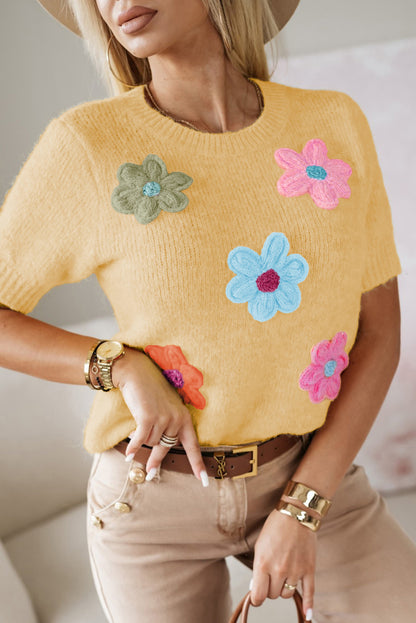 Cute Flower Applique Short Sleeve Sweater