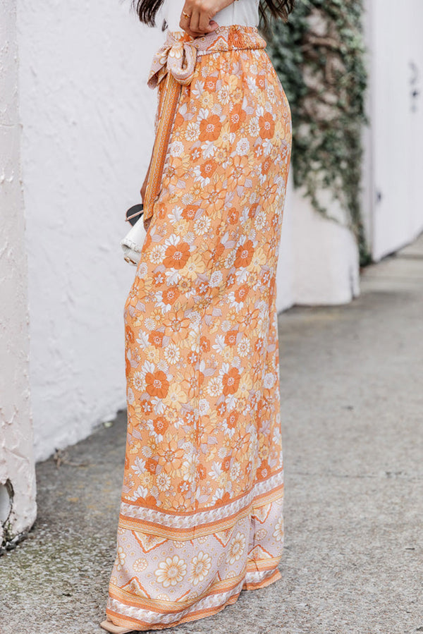 Grapefruit Orange Tie Waist Boho Floral Wide Leg Pants - The