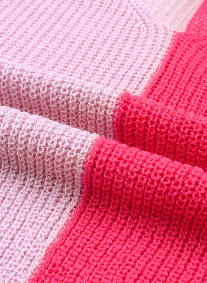 Pink Long Sleeve V-Neck Colorblock Sweater