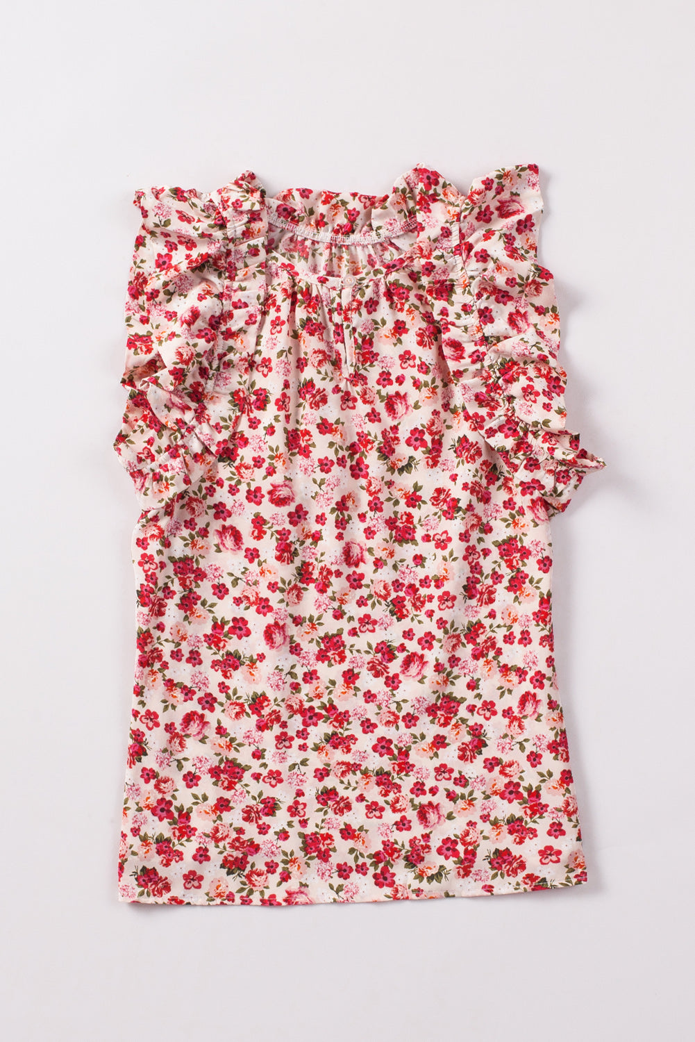 Red Floral Print Ruffled Mock Neck Sleeveless Top