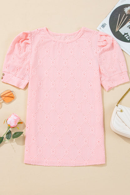 Pink Flower Geometric Textured Button Short Sleeve Top