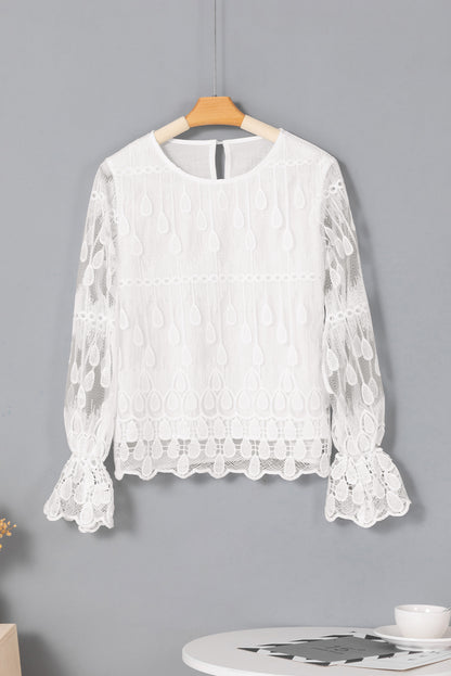 Embroidered Mesh Flounce Sleeve Blouse