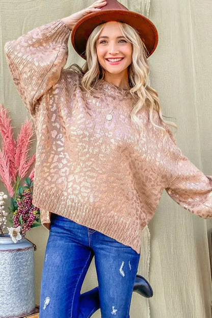 Apricot Glitter Leopard Print Puff Sleeve Sweater