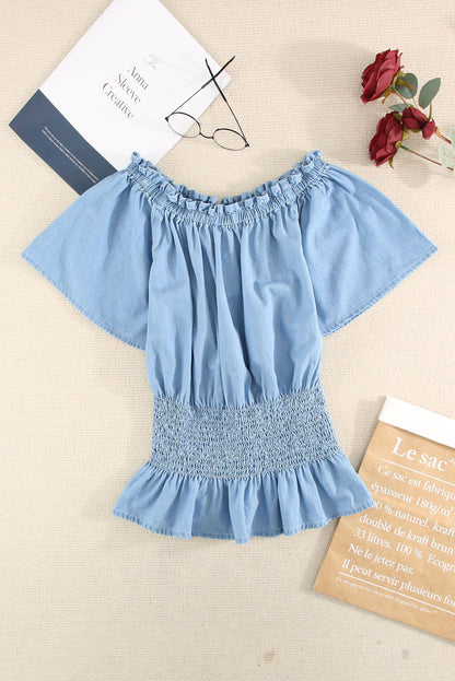 Sky Blue Smocked Waist Off The Shoulder Top