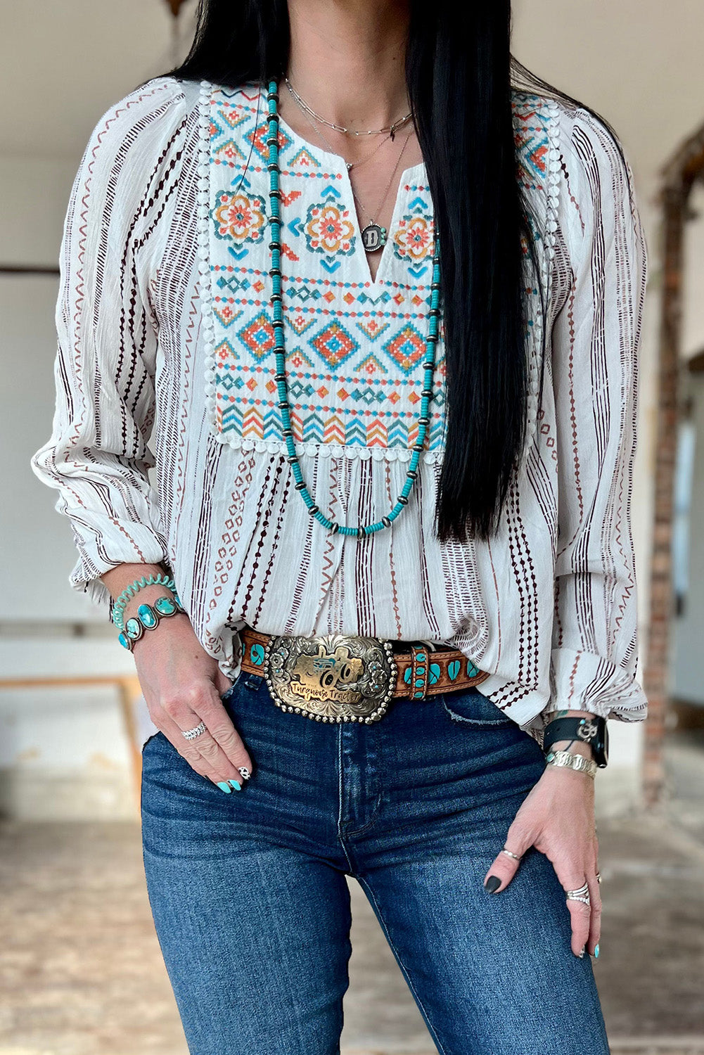 White Stripe Notched Neckline Striped Aztec Embroidered Blouse